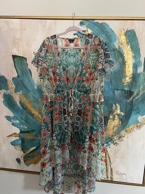 City Chic Floral Sheer Wrap Dress in Teal and Coral